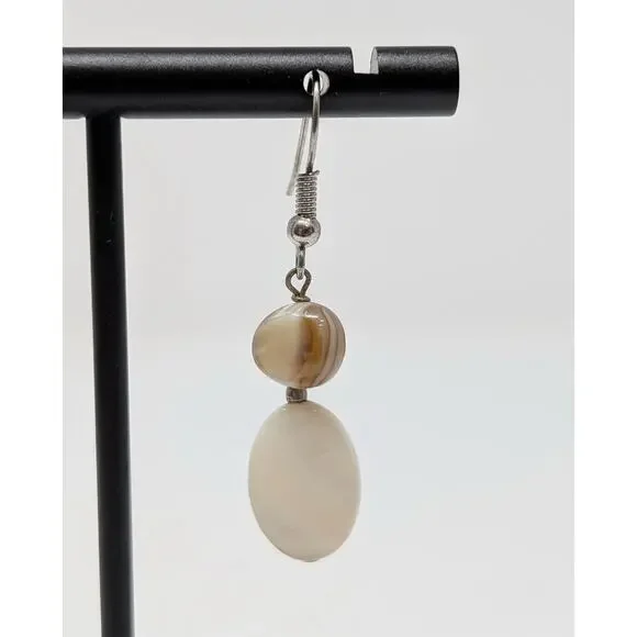 Silver Tone White Iridescent Bead Dangle Boho Pierced Earrings - Picture 3 of 6